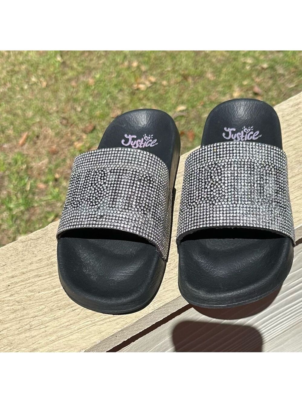 Justice Rhinestone Slide Sandal Size 3 Black with Silver Rhinestones Good shape